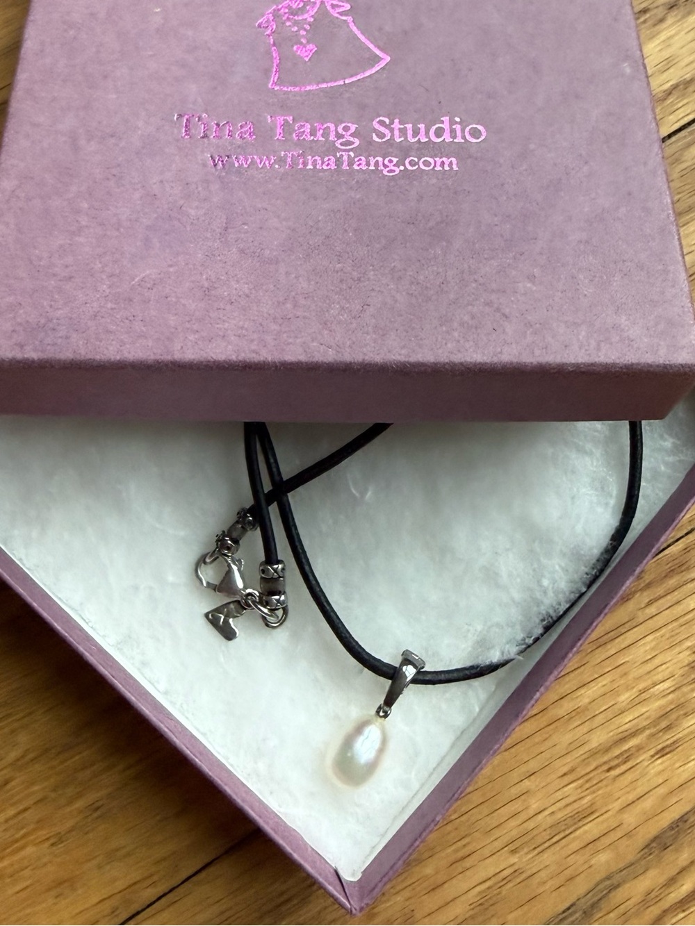 Tina Tang Pearl Pendant Necklace 925 Sterling Silver Black Cord 16”